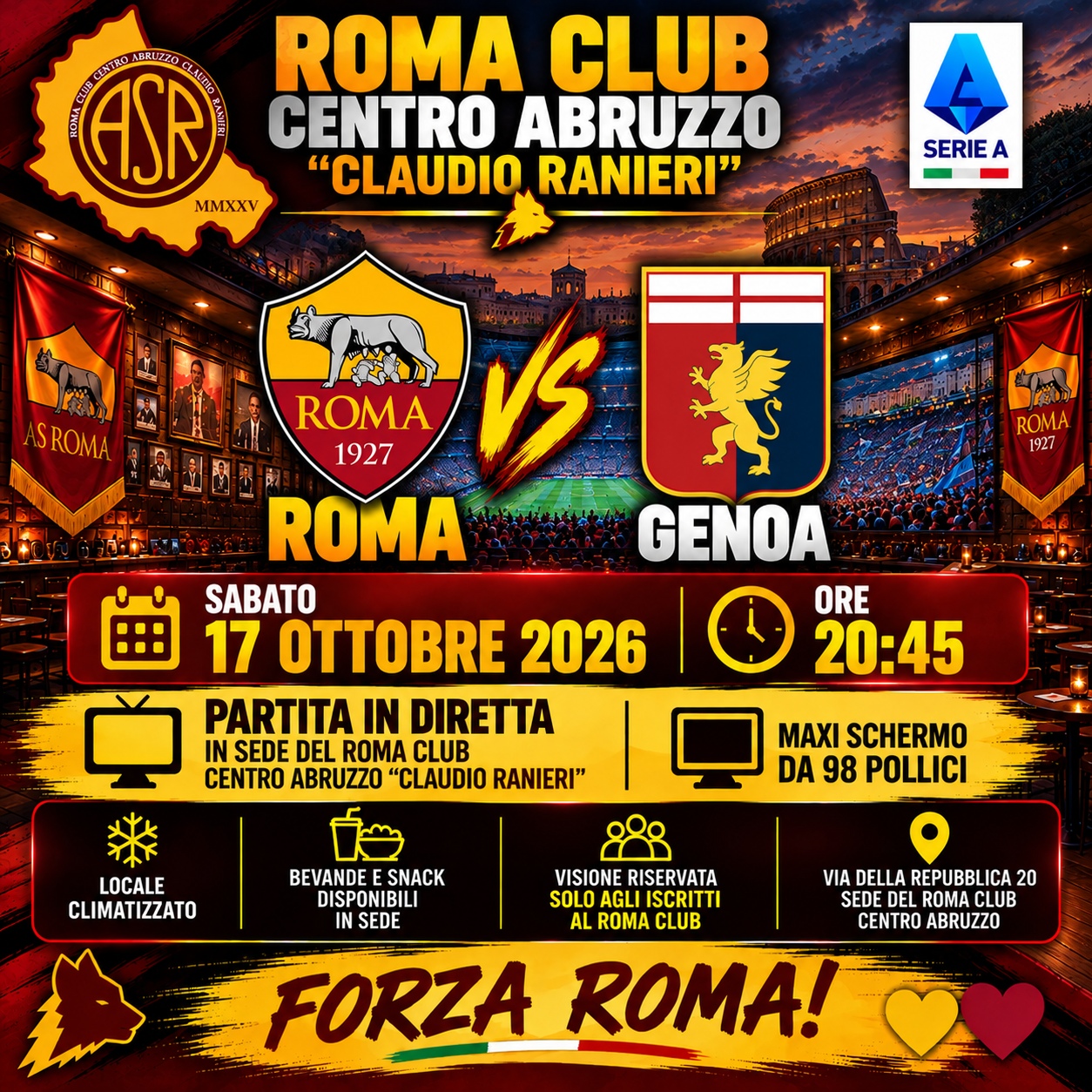 Roma – Genoa, 17 ottobre 2026 ore 20:45, partita di Serie A in diretta nella sede del Roma Club Centro Abruzzo Claudio Ranieri
